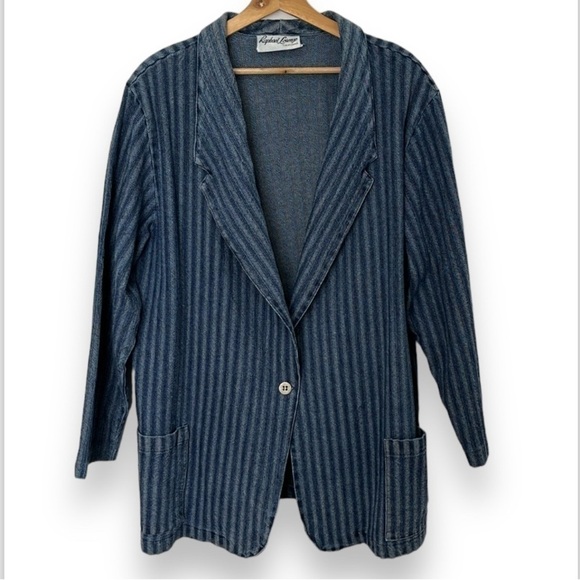 VTG Raphael Lorenzo Womens Blazer Boxy Jacket Denim Pinstriped Size 3X 90s Y2K - Picture 1 of 15